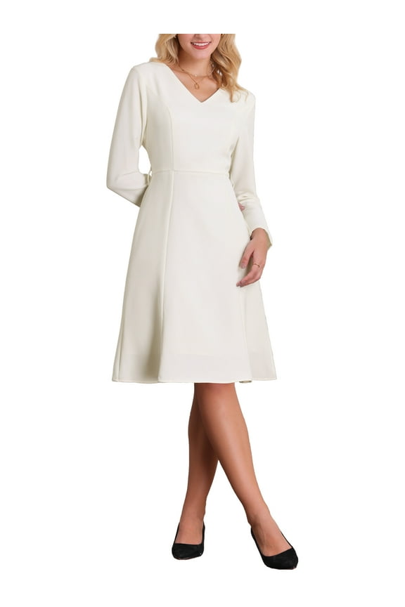 Women's Flare Dress V Neck Long Sleeve Belted Elegant Work Dresses 2XL Cream White