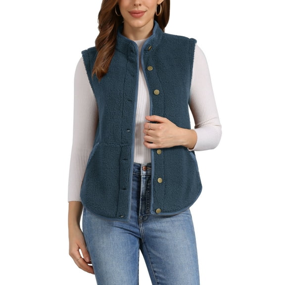 INSPIRE CHIC Women's Fleece Vest Outerwear with Pockets Button Down Sleeveless 2024 Fall Winter Fashion Fuzzy Vest M Dark Blue