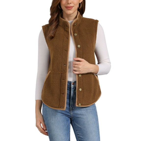 INSPIRE CHIC Women's Fleece Vest Outerwear with Pockets Button Down Sleeveless 2024 Fall Winter Fashion Fuzzy Vest M Dark Brown