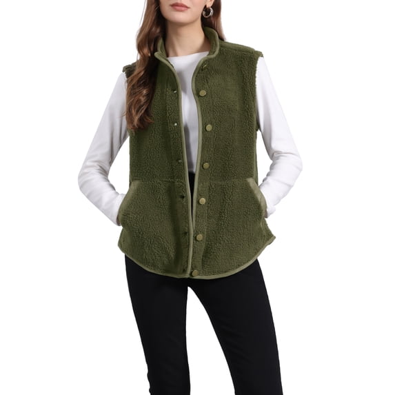 INSPIRE CHIC Women's Fleece Vest Outerwear with Pockets Button Down Sleeveless 2024 Fall Winter Fashion Fuzzy Vest XS Army Green
