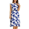 thumbnail image 1 of INSPIRE CHIC Women's Floarl Boat Neck Cap Sleeve Belt A-Line 50s Vintage Midi Dresses XS White Blue, 1 of 6