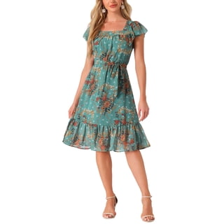 INSPIRE CHIC Women's Floral Print Elastic Waist Square Neck Ruffled Hem Belted Midi Dress Dark Green M