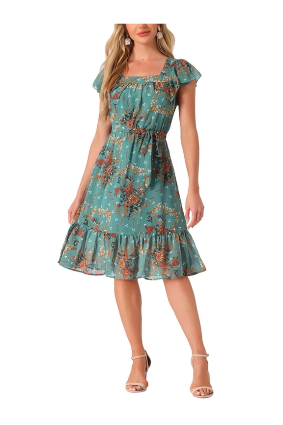 Women's Floral Print Elastic Waist Square Neck Ruffled Hem Belted Midi Dress Dark Green M