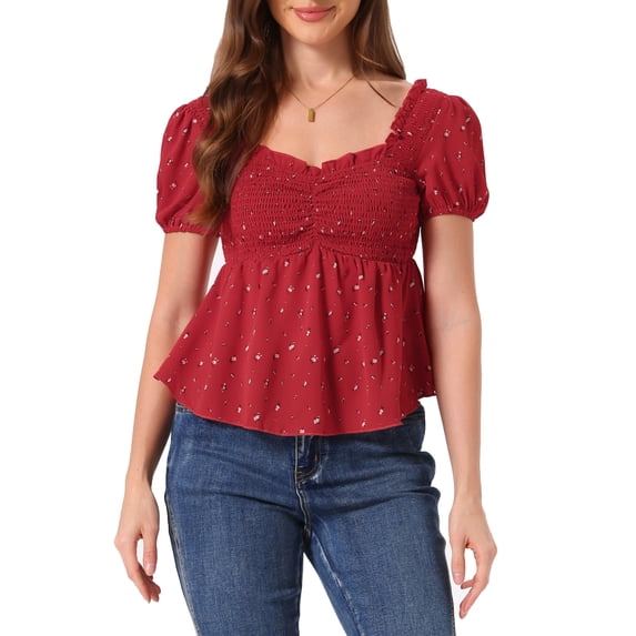 INSPIRE CHIC Women's Floral Blouse Sweetheart Neck Puff Short Sleeve Smocked Peplum Top Red M