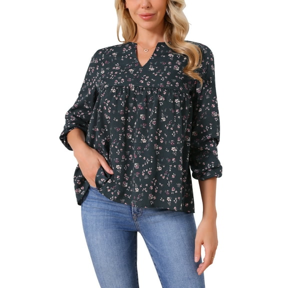 INSPIRE CHIC Women's Floral Blouses V Neck Long Sleeve Babydoll Flowy Spring Summer Top M Dark Blue