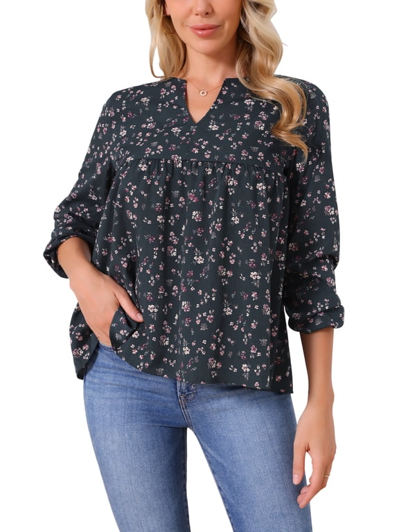 Women's Floral Blouses V Neck Long Sleeve Babydoll Flowy Spring Summer Top XL Dark Blue