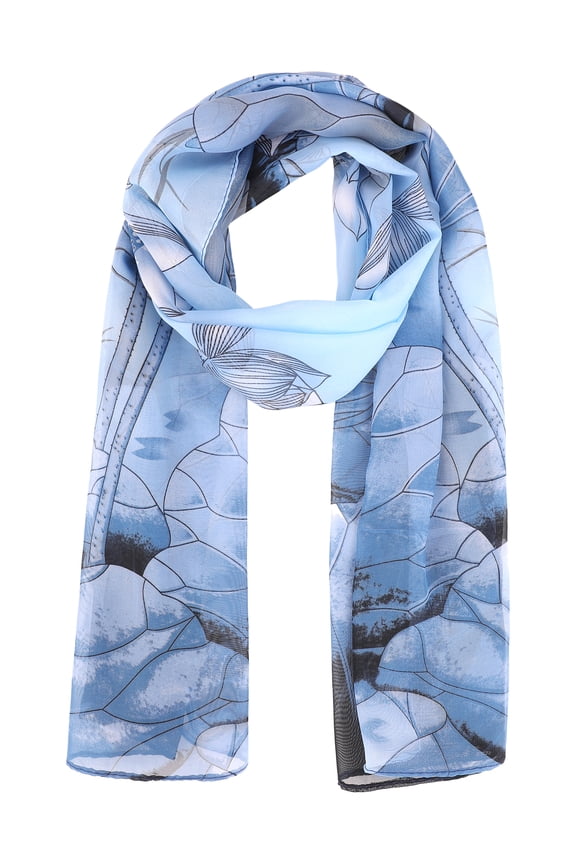 Women's Floral Chiffon Scarf, Lotus Lightweight Soft Sheer Long Head Wrap Shawl Scarves for All Season 59.1x18.9" Blue