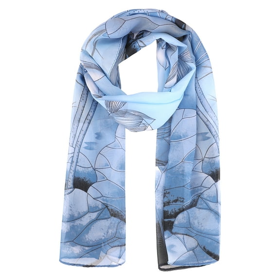 INSPIRE CHIC Women's Floral Chiffon Scarf, Lotus Lightweight Soft Sheer Long Head Wrap Shawl Scarves for All Season 59.1x18.9" Blue
