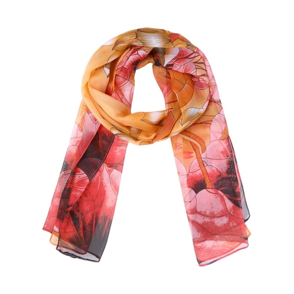 INSPIRE CHIC Women's Floral Chiffon Scarf, Lotus Lightweight Soft Sheer Long Head Wrap Shawl Scarves for All Season 59.1x18.9" Orange Red