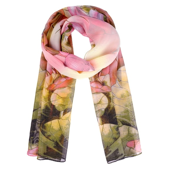 INSPIRE CHIC Women's Floral Chiffon Scarf, Lotus Lightweight Soft Sheer Long Head Wrap Shawl Scarves for All Season 59.1x18.9" Yellow Green