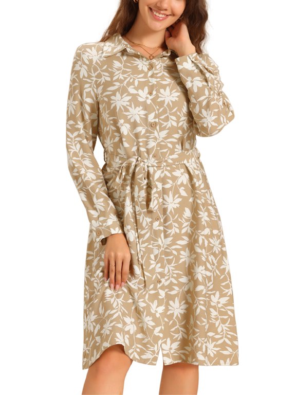 INSPIRE CHIC Women's Floral Collar Long Sleeve Tie Waist Midi Shirt Dress XS Khaki