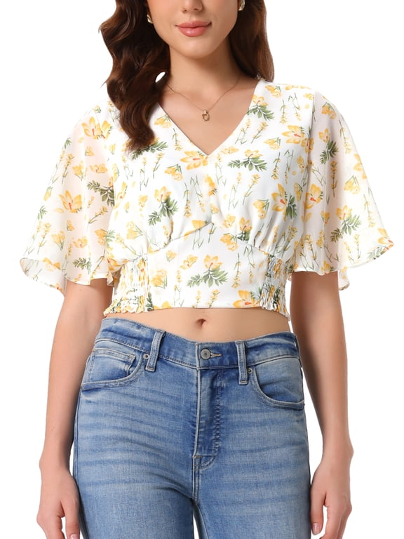 Women's Floral Crop Top V Neck Flare Sleeve Smocked Hem Blouse Dark Yellow XS