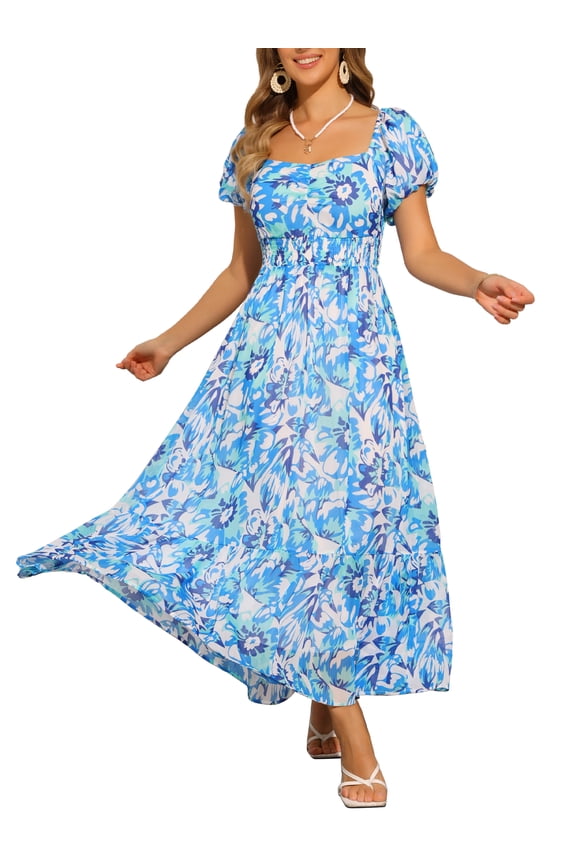 Women's Floral Dresses Square Neck High Waist Smocked Back Tiered Maxi Dress L Blue