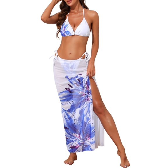 INSPIRE CHIC Women's Floral Halter Triangle Bikini Sets, 3 Pieces Tie Side Bottom Long Sheer Cover Up Skirt Swimwear White Blue X-Large