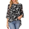 thumbnail image 1 of INSPIRE CHIC Women's Floral High Low Tops Scoop Neck Chiffon Blouse Asymmetrical Shirt 3/4 Bell Sleeve Casual Summer Tops S Black, 1 of 6