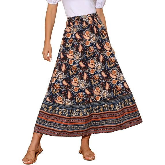 INSPIRE CHIC Women's Floral High Waist A Line Boho Maxi Ruffle Long Summer Skirt S Dark Blue