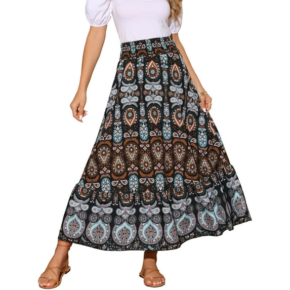INSPIRE CHIC Easter Women's Floral High Waist A Line Boho Maxi Ruffle Long Summer Skirt XL Black