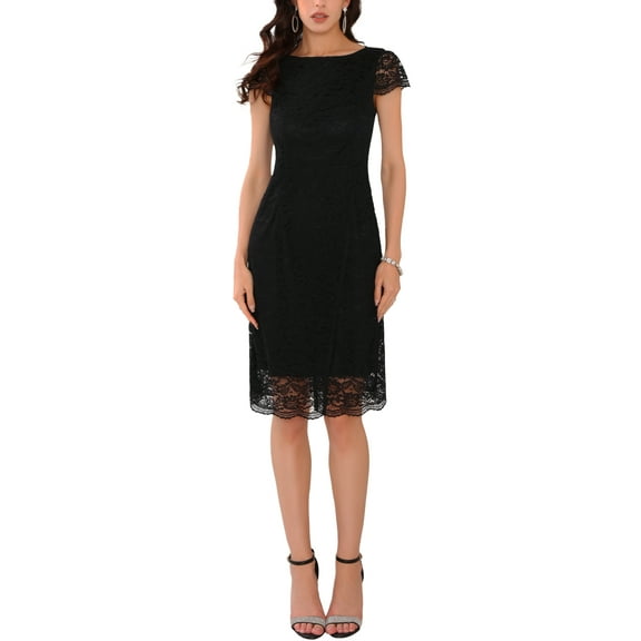 INSPIRE CHIC Women's Floral Lace Cap Sleeve Boat Neck Cocktail Wedding Guest Midi Dresses Black 2XL