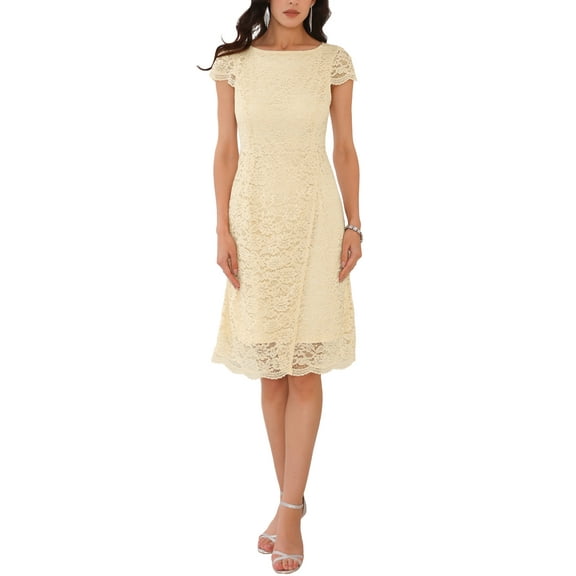 INSPIRE CHIC Women's Floral Lace Cap Sleeve Boat Neck Cocktail Wedding Guest Midi Dresses Gold L