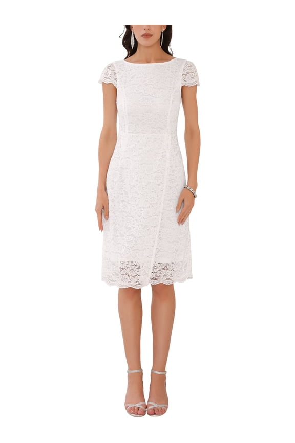 Women's Floral Lace Cap Sleeve Boat Neck Cocktail Wedding Guest Midi Dresses White 2XL
