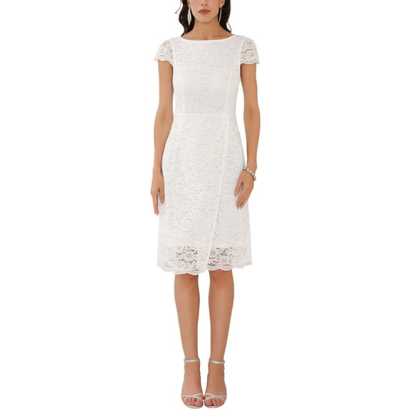 INSPIRE CHIC Women's Floral Lace Cap Sleeve Boat Neck Cocktail Wedding Guest Midi Dresses White L