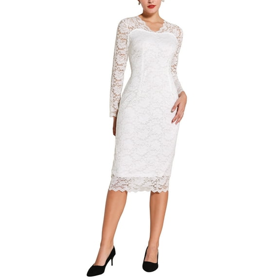Women's Floral Lace Dress V Neck Long Sleeve Cocktail Wedding Bodycon Pencil Dresses L White
