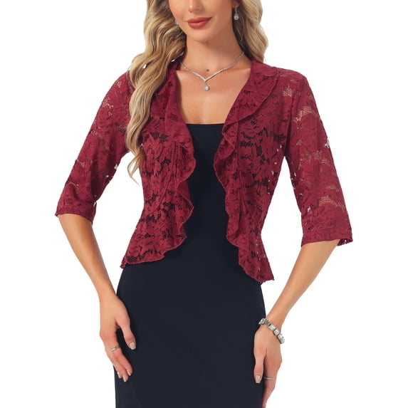 INSPIRE CHIC Women's Floral Lace Ruffle Hem Open Front Half Sleeve Lightweight Bolero Shrug XS Brown Red