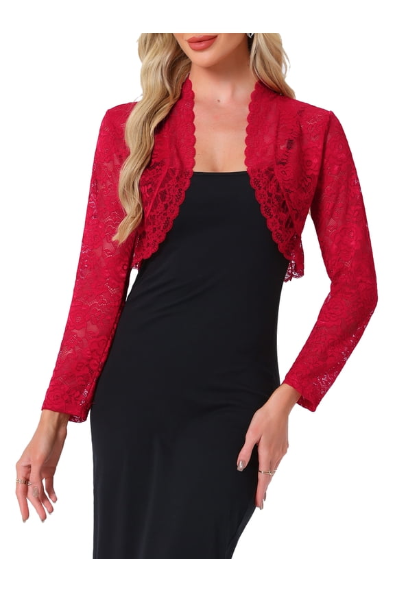 Women's Floral Lace Sheer Open Front Bolero Shrug Cropped Cardigan S Red