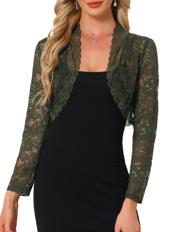 Women's Halloween Floral Lace Sheer Open Front Bolero Shrug Cropped Cardigan XL Olive Green