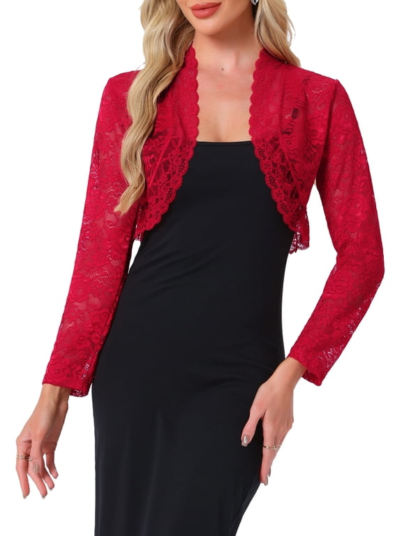 Women's Halloween Floral Lace Sheer Open Front Bolero Shrug Cropped Cardigan XL Red