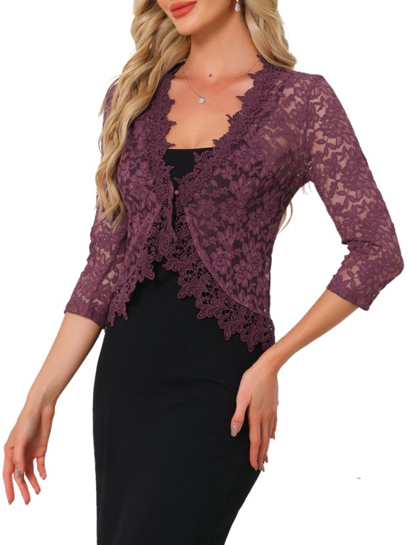 Women's Halloween Floral Lace Shrug 3/4 Sleeves One Button Bolero Cardigan Fushcia L