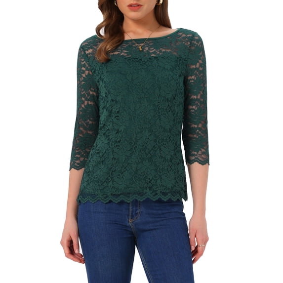 INSPIRE CHIC Women's Floral Lace Top 3/4 Sleeve Crew Neck Blouse XL Dark Green