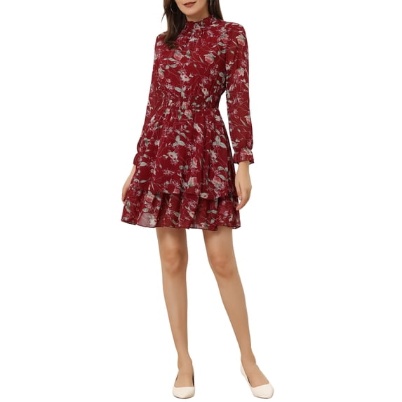 INSPIRE CHIC Women's Floral Long Sleeve Mini Dress Smocked Neck Ruffle Trim Chiffon Casual Dress Red L