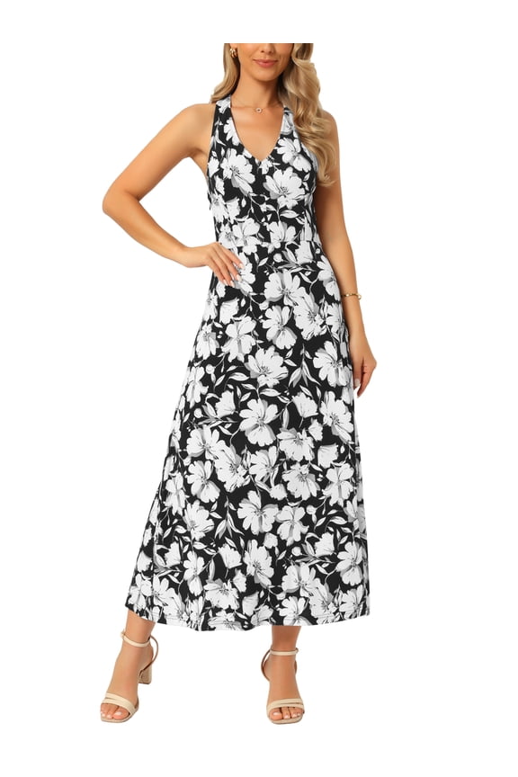 Women's Floral Maxi Dress Halter Neck Casual Sundress Sleeveless A-line Fitted High Waisted Beach Long Summer Dresses M Black