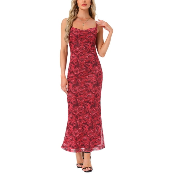 INSPIRE CHIC Women's Floral Maxi Dress Mesh Sleeveless Bodycon Cocktail Dress XL Red