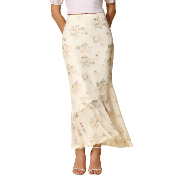 INSPIRE CHIC Women's Floral Mesh Long High Waist Summer Bodycon Ruffle Mermaid Midi Skirt XS Beige