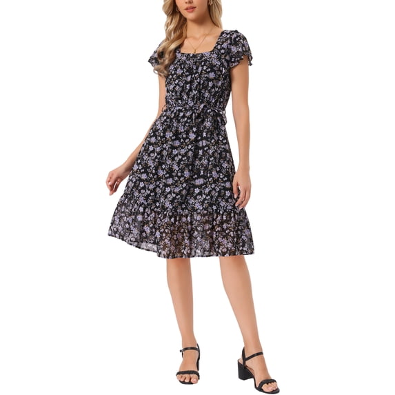 INSPIRE CHIC Women's Floral Midi Dress Square Neck Flutter Cap Sleeves Ruffled Hem A-Line Summer Wedding Guest Dress Black-Pink L