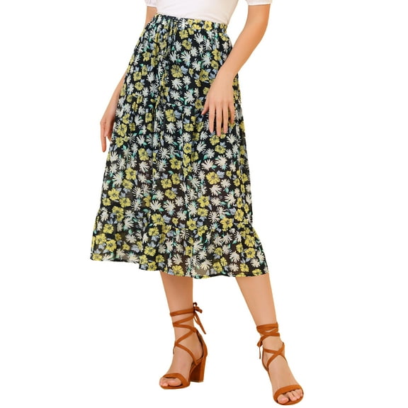 INSPIRE CHIC Women's Floral Midi Tiered Chiffon A-Line Swing Skirt XS Black A