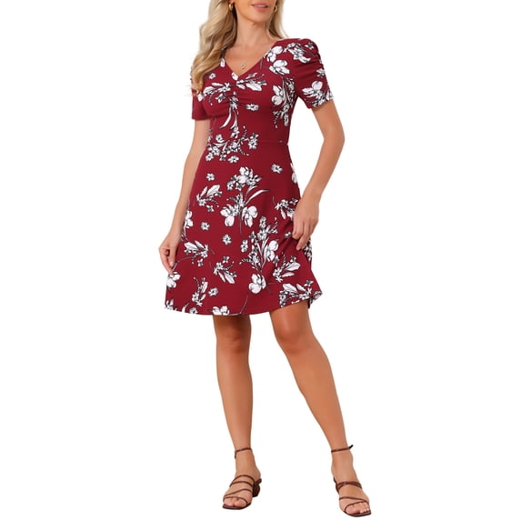 INSPIRE CHIC Women's Floral Print Dress Casual Ruched Short Sleeve V Neck Sundress XL Red