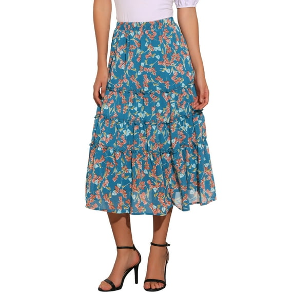 INSPIRE CHIC Women's Floral Skirt Elastic High Waist Ankle Length Chiffon A-Line Skirt XL Lake Blue Flower