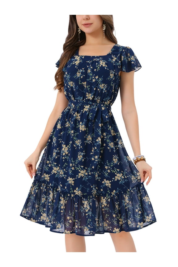 Women's Floral Print Elastic Waist Square Neck Ruffled Hem Belted Midi Dress Blue L