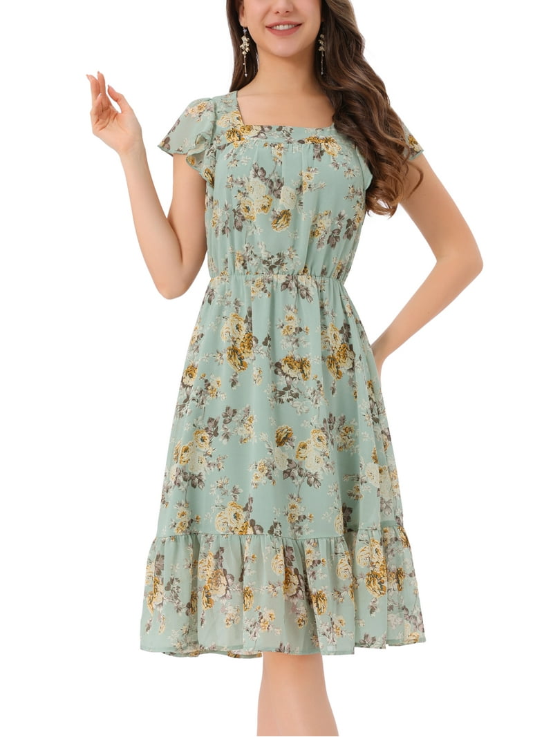 green floral square neck dress Green Floral Square Neck Slip Midi Dress main image 1