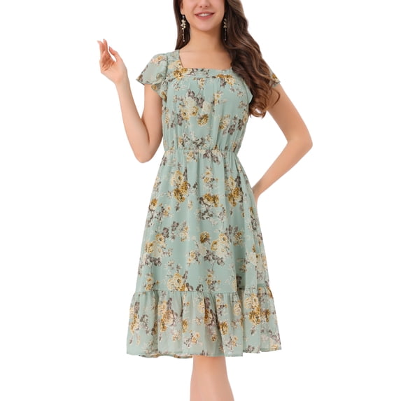 INSPIRE CHIC Women's Floral Print Elastic Waist Square Neck Ruffled Hem Belted Midi Dress Light Green S