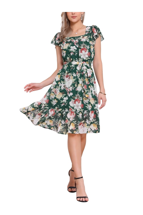 Women's Dress Floral Square Neck Flutter Cap Sleeves Ruffled Midi Wedding Guest Dress Dark Green White XL