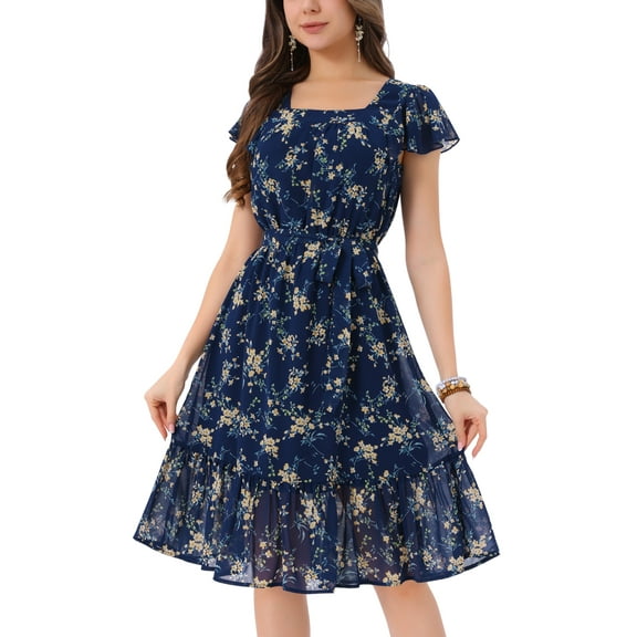INSPIRE CHIC Women's Floral Print Elastic Waist Square Neck Ruffled Hem Belted Midi Dress Blue XS