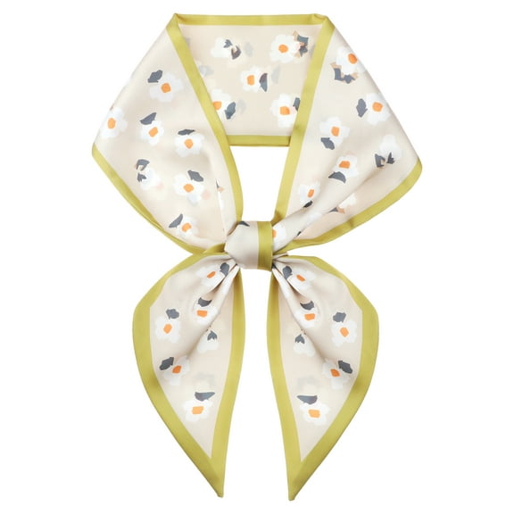INSPIRE CHIC Women's Floral Printed Scarves, Flowers Skinny Long Satin Silky Ribbon Hairband Headscarf Neckerchief 37.4x3.5" Beige/Yellow Green