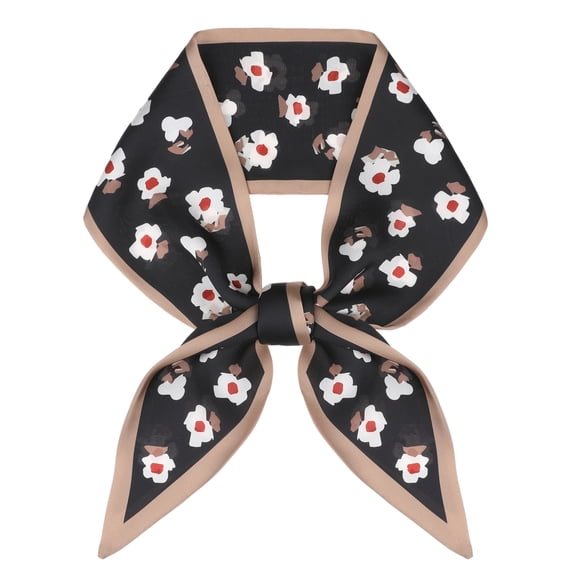 INSPIRE CHIC Women's Floral Printed Scarves, Flowers Skinny Long Satin Silky Ribbon Hairband Headscarf Neckerchief 37.4x3.5" Black/Camel
