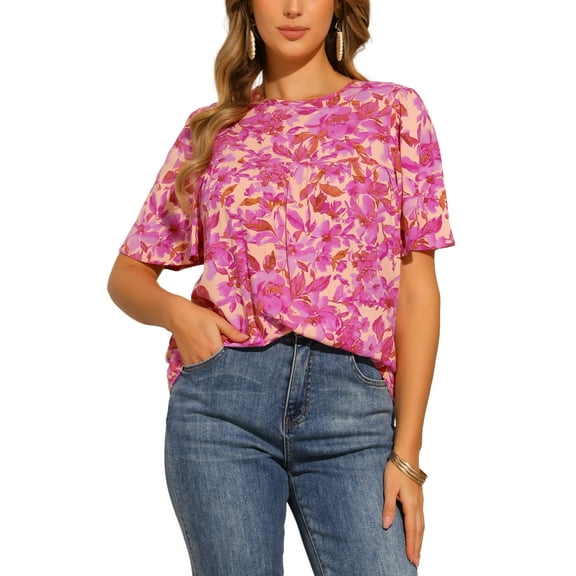 INSPIRE CHIC Women's Floral Round Neck Ruffle Sleeve Dressy Causal Summer Top M Purple