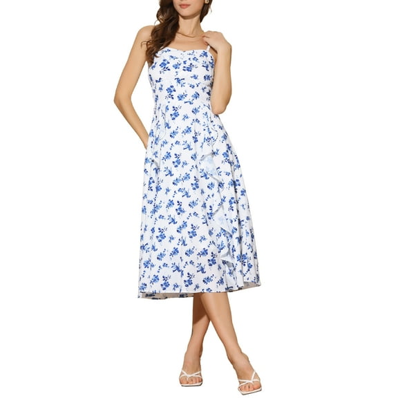 INSPIRE CHIC Women's Floral Square Neck Sleeveless Shirred Back Spaghetti Strap Casual Midi Dress XS Blue