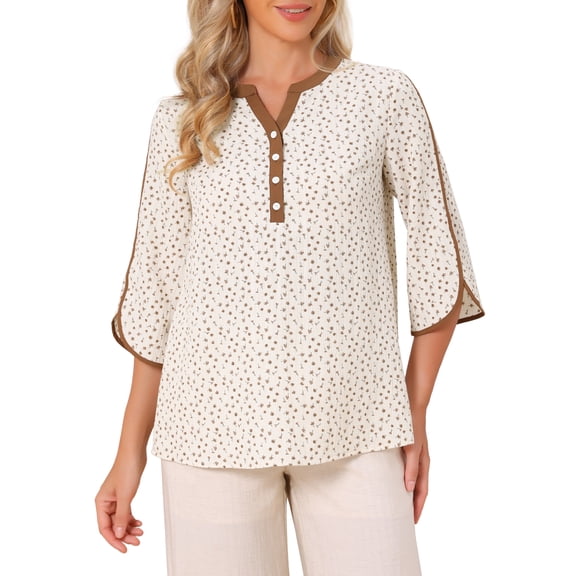 INSPIRE CHIC Women's Floral Tops Button Down Shirt 3/4 Sleeve Henley V Neck Dressy Loose Fit Casual Tunic Blouse S Beige